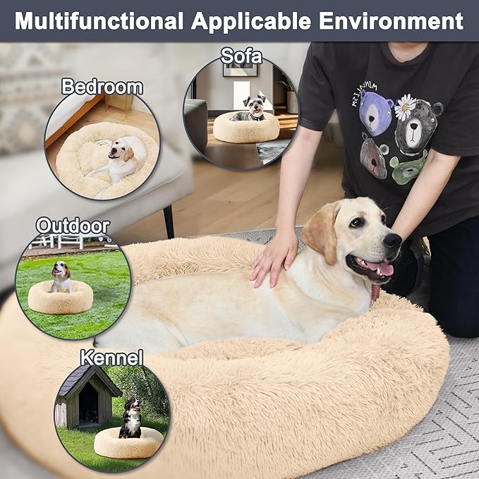 ELSKER&HOME Calming Dog Bed,Donut Washable Warming Soft Round 30 inches Dog Beds for Medium Dogs,Anti-Anxiety Fluffy Plush Cushion Bed Fits up to 50 lbs Pets,Apricot