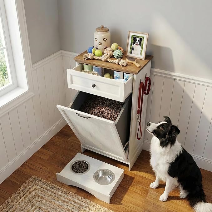13’’ D x 21’’W x 39’’ H Dog Feeding Station with Storage, Tilt Out Dog Food Cabinet with Drawer, 2 Feeding Bowls, Pet Food Storage, Cat Feeding Station, (White Oak Grain)