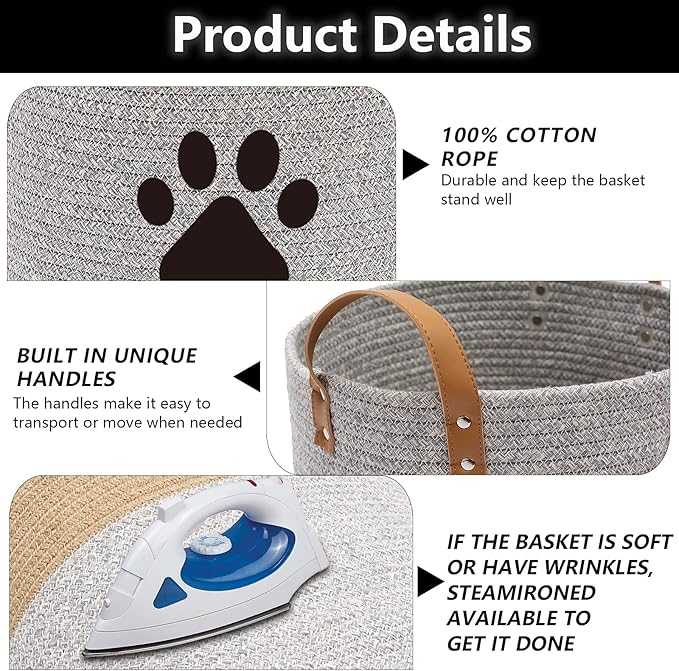 Cotton rope dog toy basket, puppy toy basket, puppy bins, laundry basket blanket storage bin - Perfect for organizing pet toys, blankets, leashes - Gray Beige