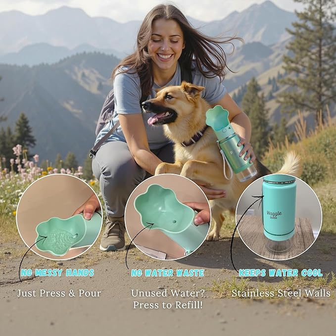 Stainless Steel Dog Travel Water Bottle, Vacuum Insulated Portable Dog Water Dispenser, Drink Cup and Snack Container On The Go, Outdoor Walking, Hiking, Travel (Mint)