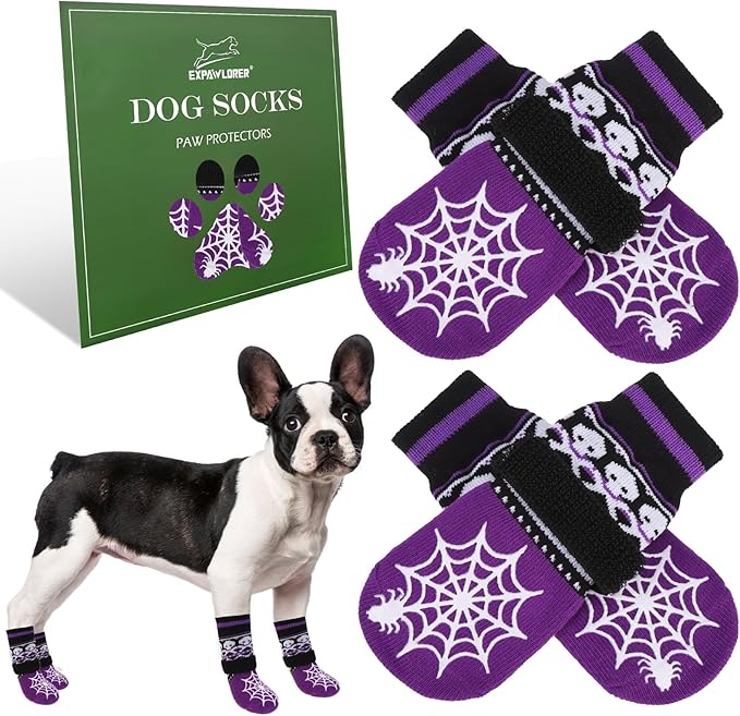 EXPAWLORER Halloween Anti Slip Dog Socks to Prevent Licking Paws, Boots & Paw Protectors with Spider Web Grippers,Doggie Booties for Hardwood Floors for Small Medium Large Senior Dogs Purple Ghost M