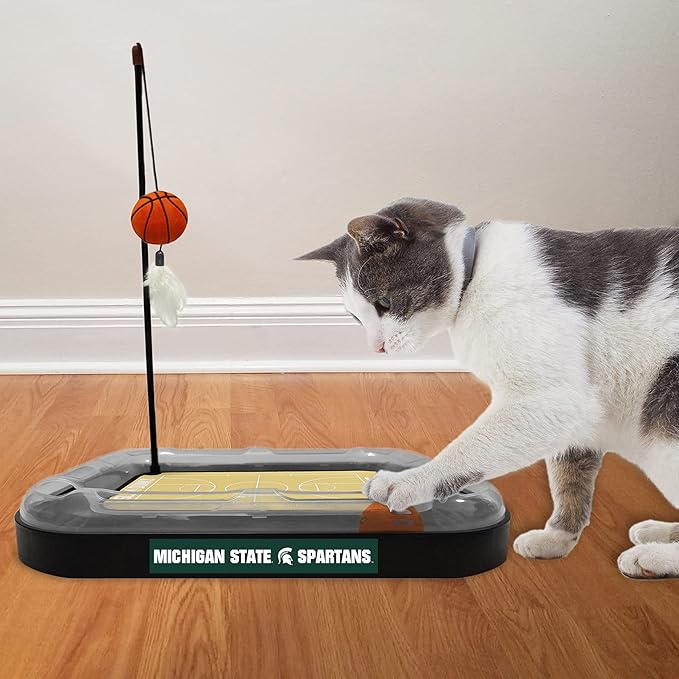 Cat Scratch Toy NCAA Michigan State Spartans Reversible Basketball Court Felt/Cardboard Cat Scratcher Toy. Interactive Cat Ball Bell. 6-in-1 CAT Toy: Cat Wand Poll with Catnip-Filled Plush Basketball