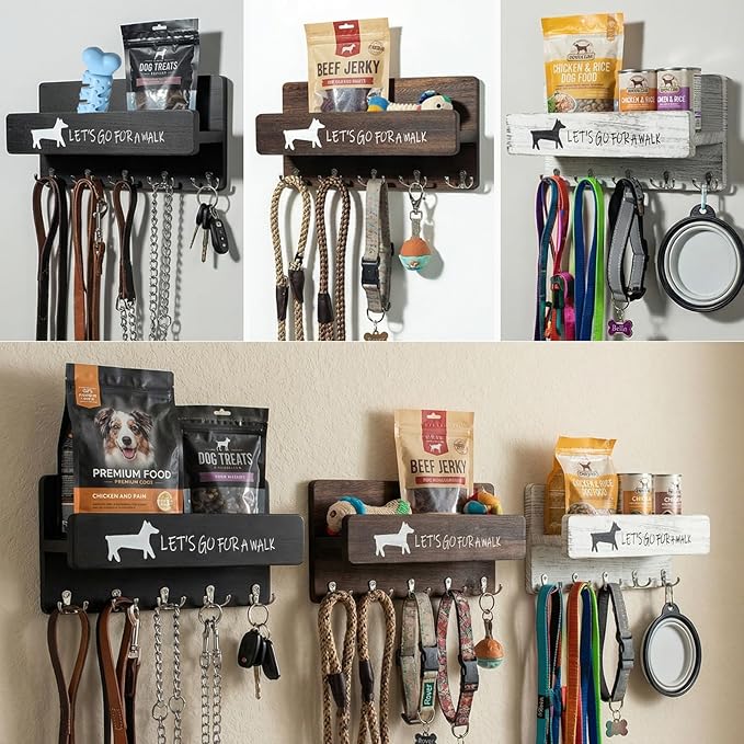 Wood Dog Leash Holder for Wall, Key Hangers with 5 Double Key Hooks, Dog Leash Hanger Wall Mounted for Entryway, Farmhouse Treats,35cm,Brown