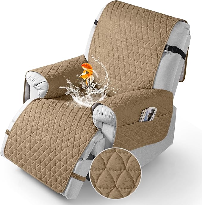 TAOCOCO 100% Waterproof Recliner Cover - Recliner Cover with Non-Slip Granule, Recliner Chair Covers with Elastic Band, Recliner Chair Covers for Reclining Chair(Camel, Medium-25'')