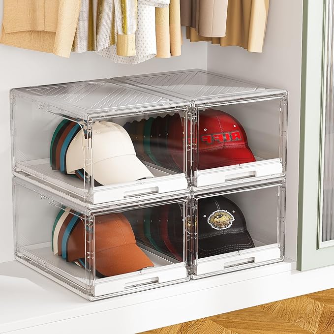 Hat Organizer for Baseball Caps 2 Pack, Clear Hat Holder Box Containers with Drawer Stackable Cap Storage Display Case for Hats Snapback Cap