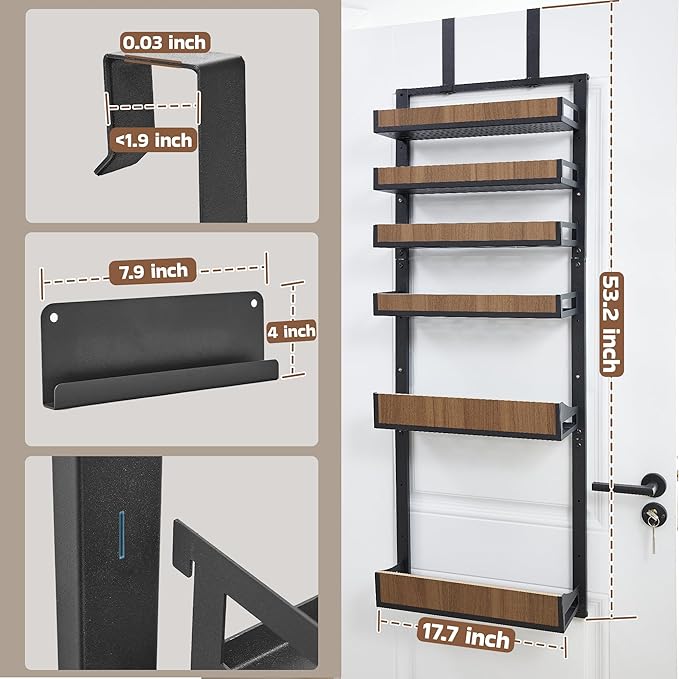 Fulifix Over The Door Pantry Organizer with Solid Wooden Baskets, 6-Tier Pantry Door Organizer Wall Mount, Metal Hanging Spice Rack Organization and Storage for Home, Kitchen, Cabinet
