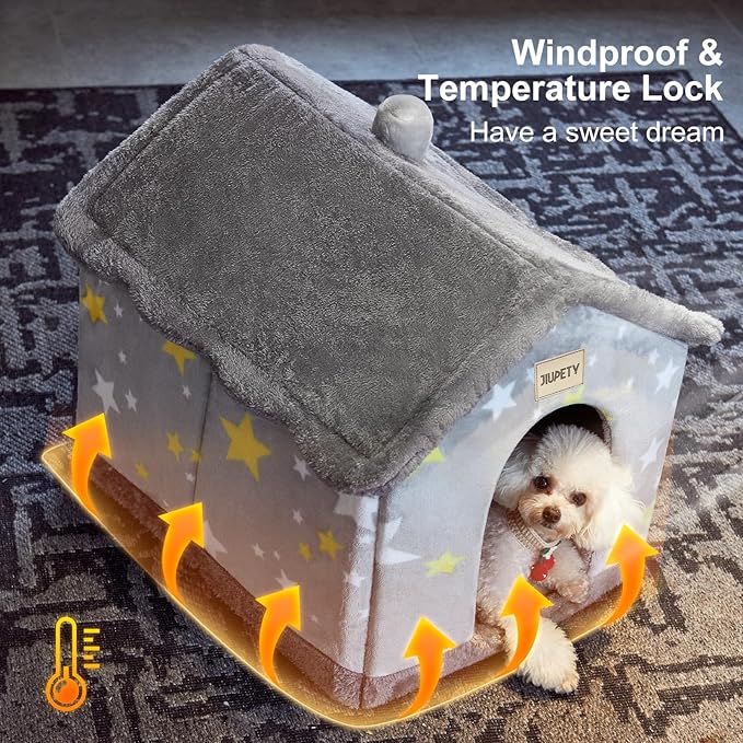 JIUPETY Cute Indoor Dog Houses, Dog Bed with Cover Cave, M Size for 6-11 Lb Dogs and 9-17 Lb Cats, Igloo Pet House with Non-Slip Bottom, Grey