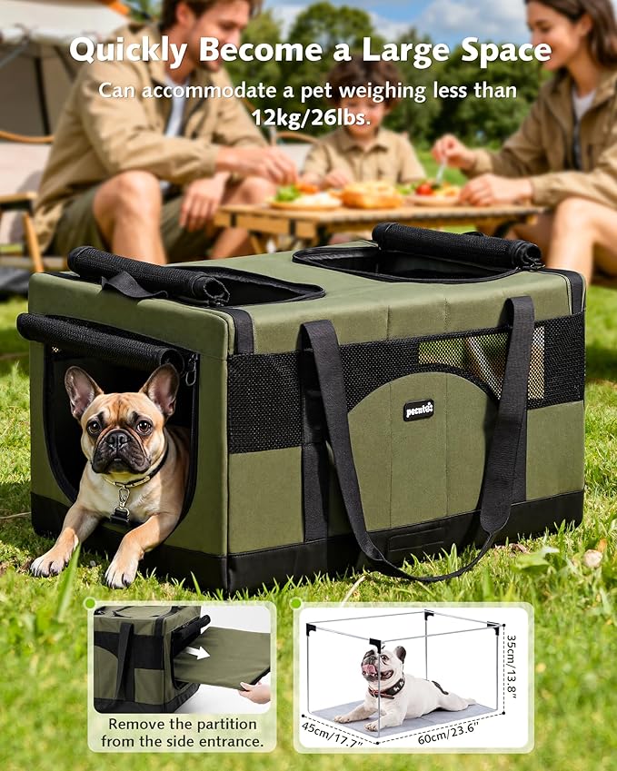Pecute Cat Carrier for 2 Cats,Dual Cabin Multi Cat Travel Carrier with Removable Divider and Sturdy Frame,Collapsible,Soft,can Hold 20lbs+ for 2 Small Kitten,Medium Dog,Extra Large for Travel,Green