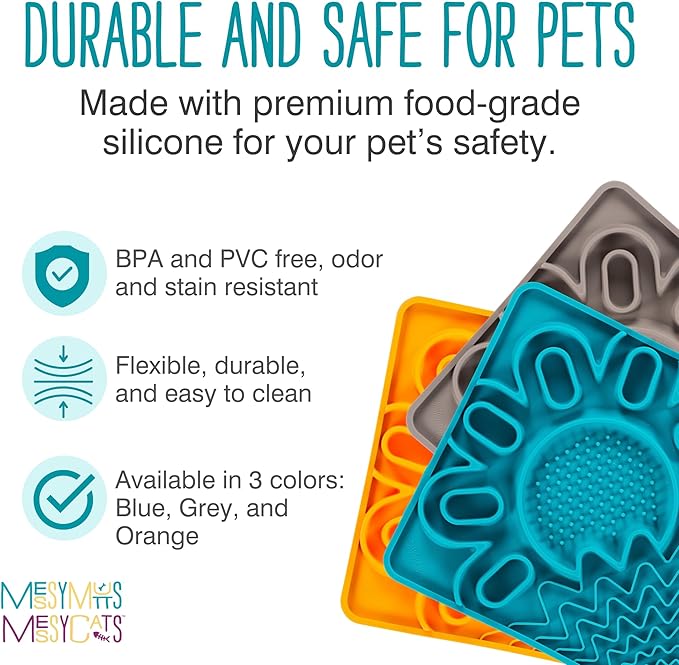 Messy Mutts and Cats Framed Silicone Multi-Surface Lick Mat | 9.5” x 9.5“ | Slow Feeder Mat for Boredom & Anxiety | Interactive Lick Pad for Dogs and Cats | Blue