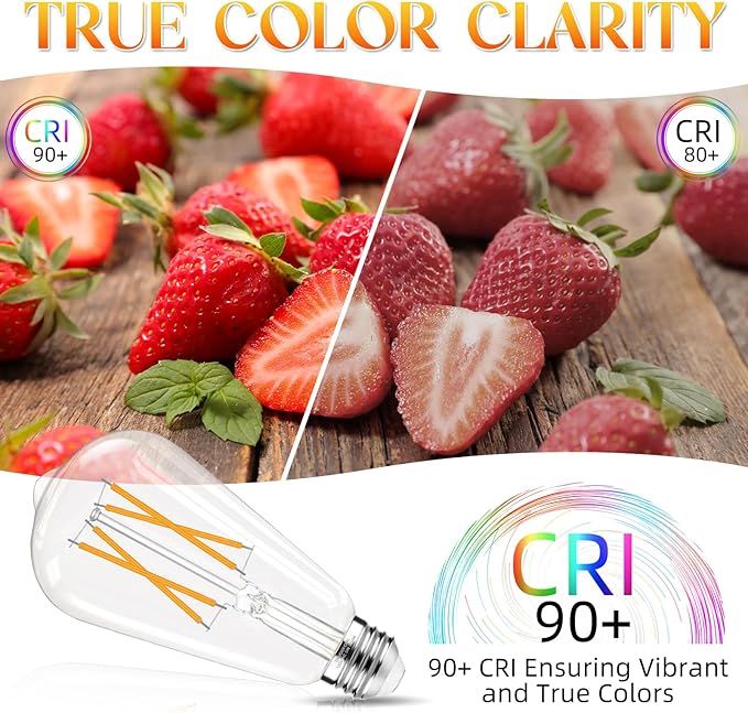 E26 Bulb, Non-Dimmable Edison Bulbs 60 watt LED Equivalent, 2700K Warm White, ST58 Vintage Light Bulbs, 90+ CRI, 6W 600LM, E26 Medium Base, Clear Glass, 18 Pack