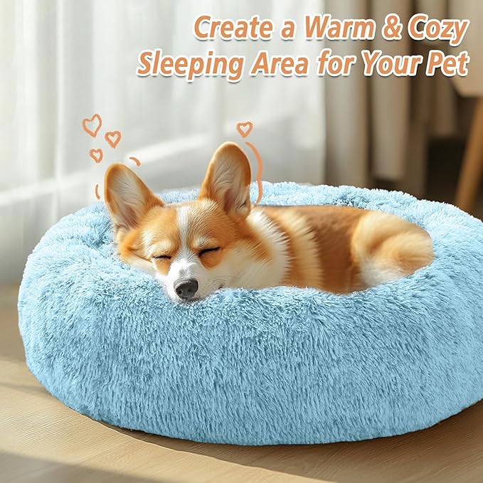 Calming Donut Dog Bed — Medium 31", Anti-Anxiety Faux Fur, Washable (Light Blue)