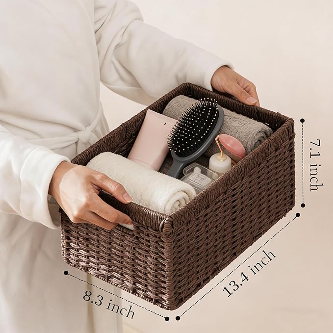 joybest Wicker Storage Baskets, Set of 2 Hand-Woven Paper Rope Dark Brown Baskets for Organizing, Foldable Rectangular Storage Organizer Bins for Shelves with Handles 13.4L x 8.3W x 7.1H