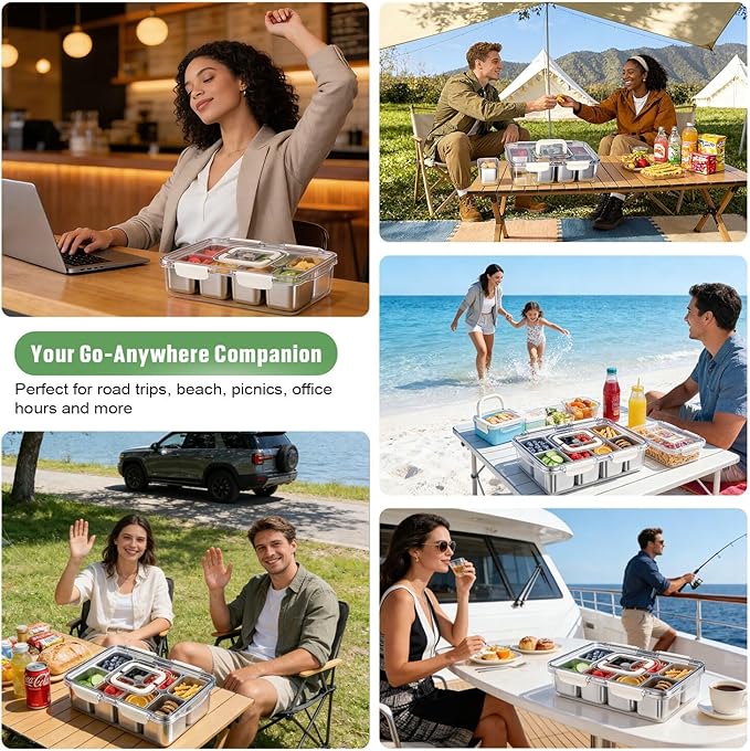 Snackle Box Container, 304 Stainless Steel Divided Serving Tray with Lid and Handle, Portable 4 Compartments Veggie Tray for Fruits,Veggies,Nuts &Candy, Dishwasher Safe for Travel,Picnic,Beach&Parties
