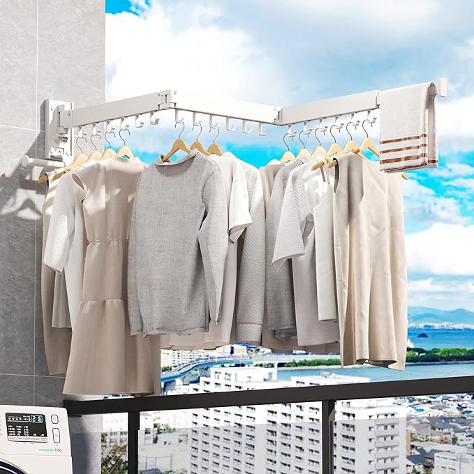 Drying Rack, Wall Mounted Clothes Rack, Aluminum, 220lbs Capacity, Foldable, White