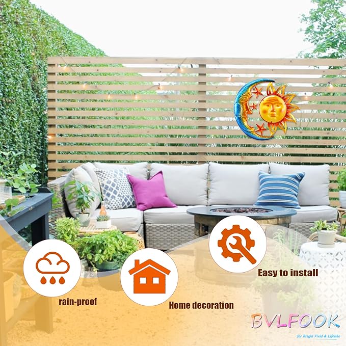 Large 19 Inch Metal Sun Moon Star Wall Art Decor, Bright Color Inspirational Celestial Decor, Resistant to Rust Metal Sculpture Hanging for Indoor Outdoor Home Living Room Office Yard Garden