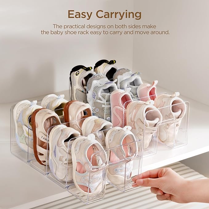 HBlife Clear Acrylic Kids Shoe Rack for Closet Organizers and Storage, Small Shoe Rack 4 Sections Toddler Baby Shoe Storage Organizer Stackable Shoe Shelf,Desk File Sorter Book Purse Organizer(4 Pack)