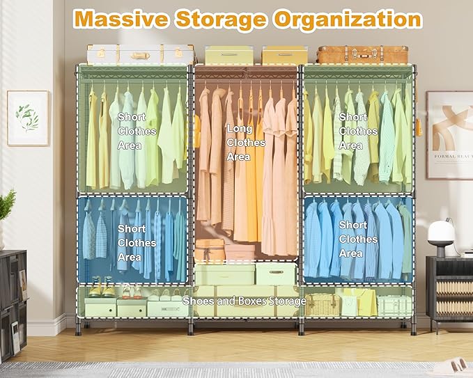 E14 Pro Heavy Duty Clothes Rack，Freestanding Clothing Racks for Hanging Clothes，Adjustable Closet Organizers and Storage，Metal Garment Rack with Shelves 69"W x16"D x77"H，Max Load 960LBS，Grey