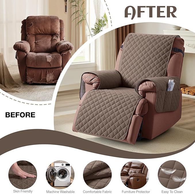 KinCam 100% Waterproof Recliner Chair Cover, Reclining Couch Covers for Pets, Dogs, Recliner Couch Slipcover Furniture Protector with Elastic Straps for Kids(30", Brown)