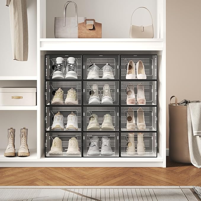 DUMOS Clear Shoe Storage Boxes, 15-Pack Plastic Stackable Shoe Containers with Lids, Display Sneaker Case Organizer for Closet, Under Bed, Entryway,Black (Fit Size 9)