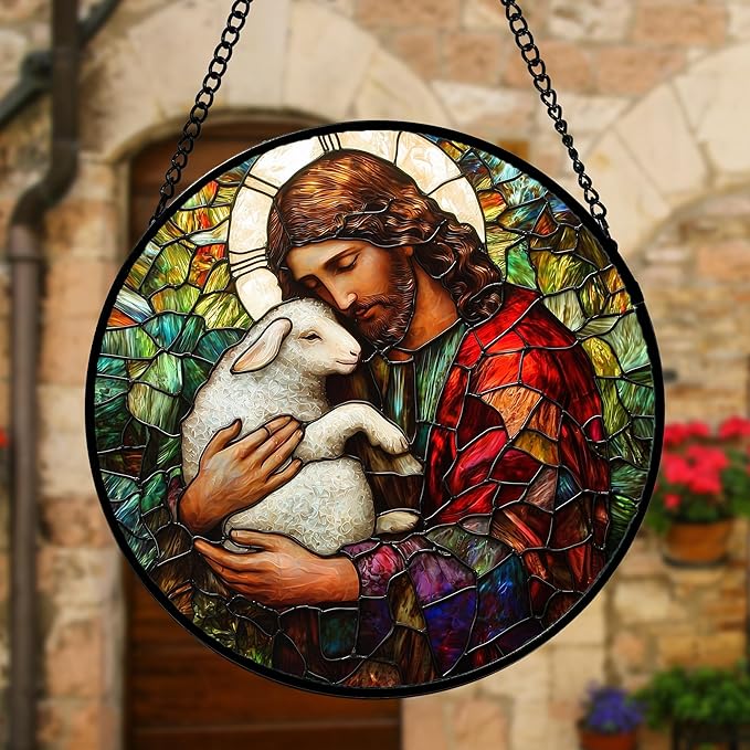 Stained Glass Window Hanging, Jesus Little Lamb Sun Catchers Colorful Glass Panel Christianity Suncatcher Decor for Birthday for Women, Men, Wife, Aunt, and Mom 11.8x11.8 in