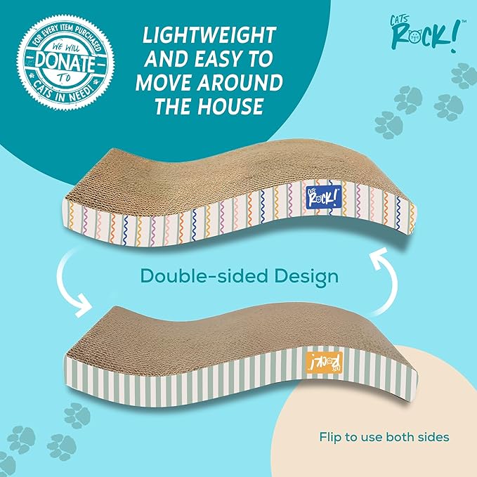Cats Rock Scratching Board for Indoor Cats, Corrugated Cardboard Cat Scratcher with Catnip, Double-Sided Scratch Pad, Paws & Sardines Wave Design (Pack of 2)