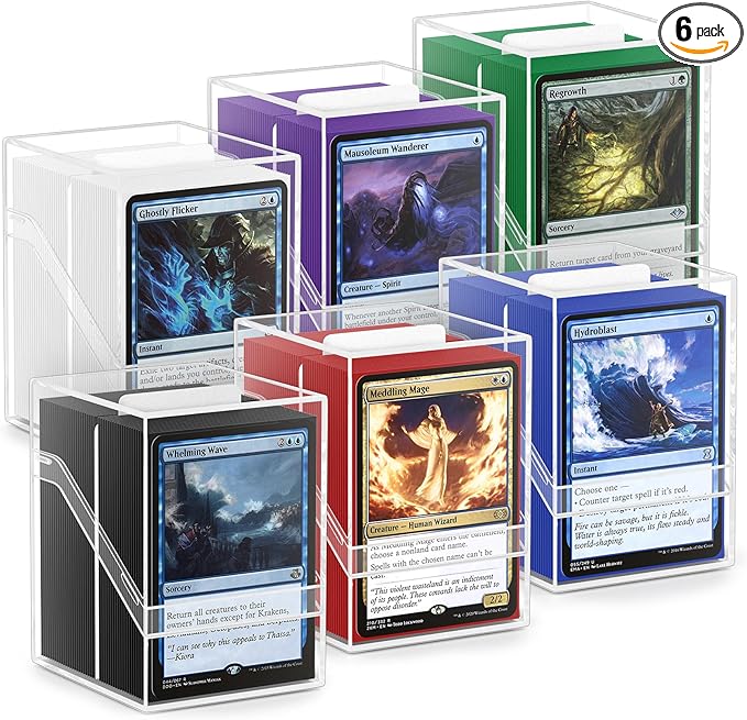 6 Pack Card Deck Boxes, Clear Commander Deck Case with 600Pcs Card Sleeves and Dividers, Standard Size Cards Storage Box Perfect Fit for MTG, Sport, Trading Cards (6 colors)