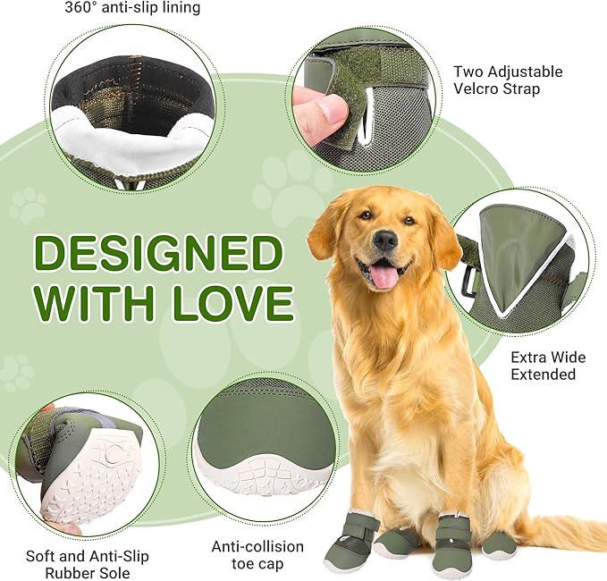 DcOaGt Dog Shoes Mesh Breathable Dog Boots & Paw Protectors for Hot Pavement Summer Winter Snow, 360° Anti-Slip Dog Booties for Small Medium Puppy for Outdoor Walking,Military Green 4PCS(Size 5)