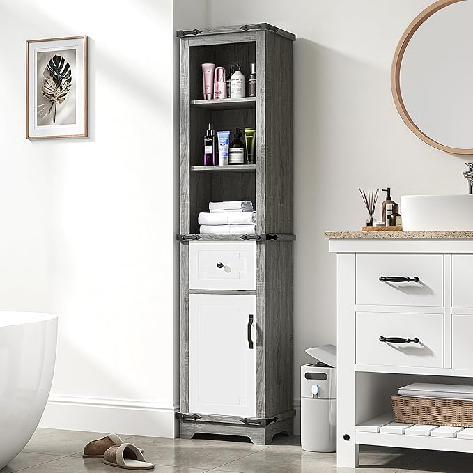 63 Inch Tall Corner Cabinet, Modern Corner Storage Cabinet with Door & Adjustable Shelves & Drawers, Anti-Tipping Free Standing Linen Tower for Bedroom, Bathroom, Kitchen, Pantry (Grey)