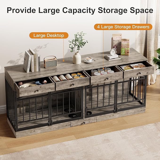 GarveeHome Dog Crate Furniture for 2 Dogs, Dog Kennel Indoor with 4 Storage Drawers and Feeding Bowls, Double Dog Crate TV Stand for Small Medium Dogs, Grey