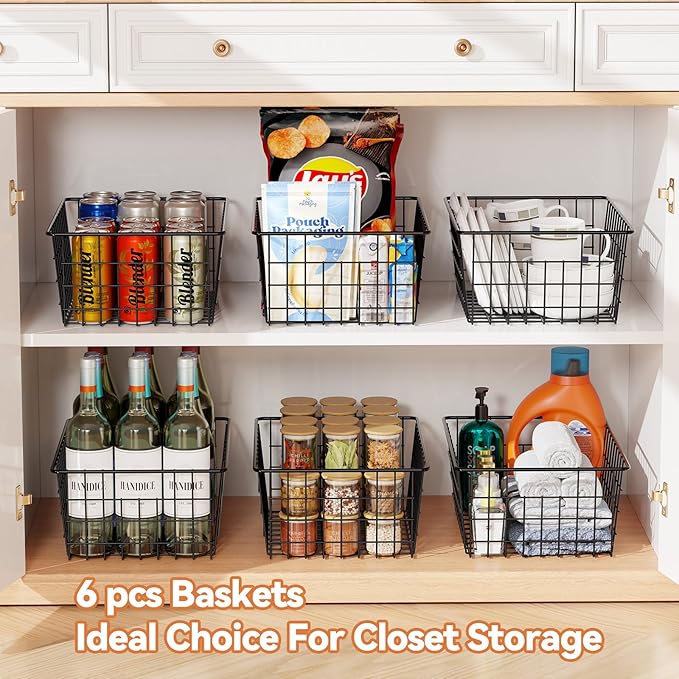 Extra Large Wire Baskets 6 Pack, Sturdy Metal Basket Storage Bin with Handle, Pantry Organization for Kitchen Cabinet, Black