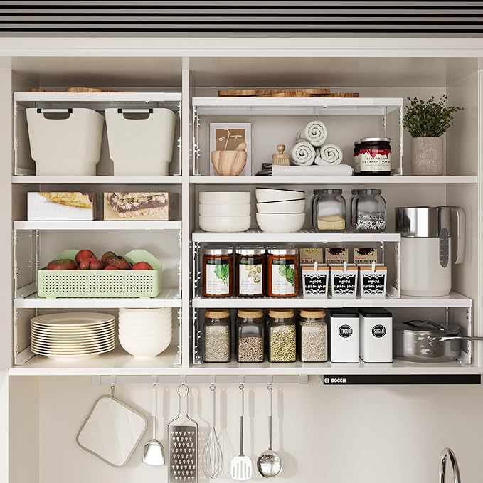 Adjustable Stackable Metal Storage Shelf Organizer - Expandable Wire Rack with Perforations for Kitchen, Pantry, Bathroom, Cabinet & Office-Compact, Durable & Sturdy (2PACKS/Large/White)