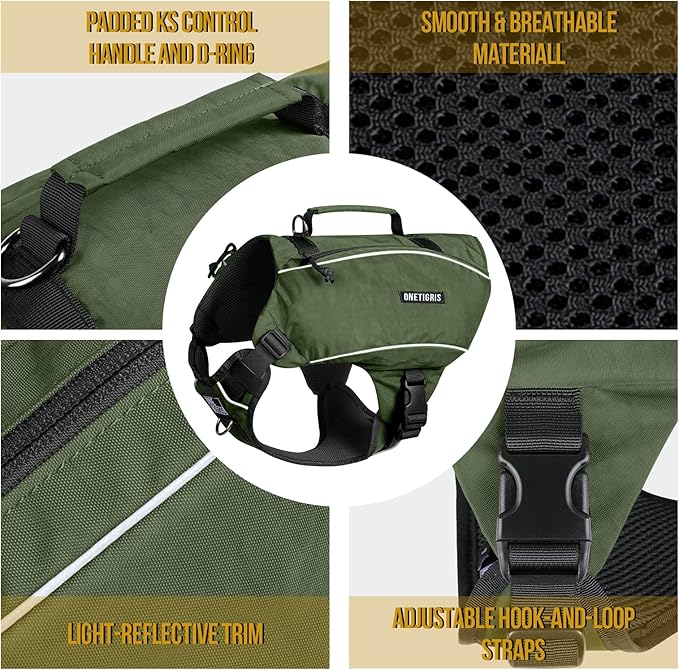 ONETIGRIS Y-Shaped Dog Backpack with Handle, Pockets & No Pull D-Rings, Lightweight Hiking Gear for Dogs Hunting Camping Travel (Medium, Green)
