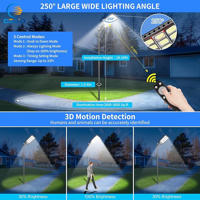 CEDIO Solar Street Light Outdoor, Plus Large Solar Lights IP67 Waterproof, LED Flood Lights Parking Lot Light Outdoor Motion Sensor with Remote Control (9500W-2PACK)