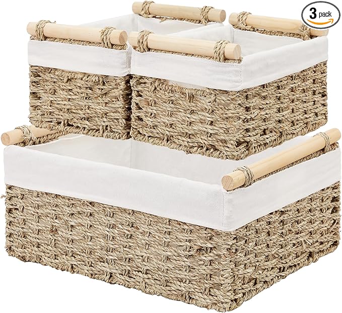 Vagusicc Wicker Storage Basket, 3-Packs Seagrass Storage Baskets for Organizing, Large Cube Storage Organizer Baskets Bins with Handles for Shelves Decor, Small Toilet Paper Storage Basket (Seagrass)