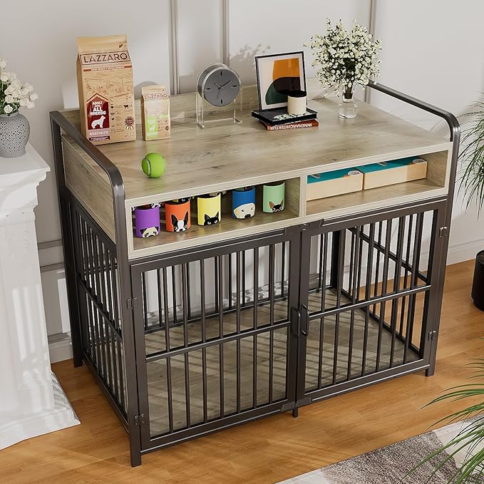 Large Dog Crate Furniture with Drawers Storage, Puppy Dog Kennel Indoor with Double Doors, Heavy Duty Wooden Dog Cage Table, Sturdy Metal, Gray