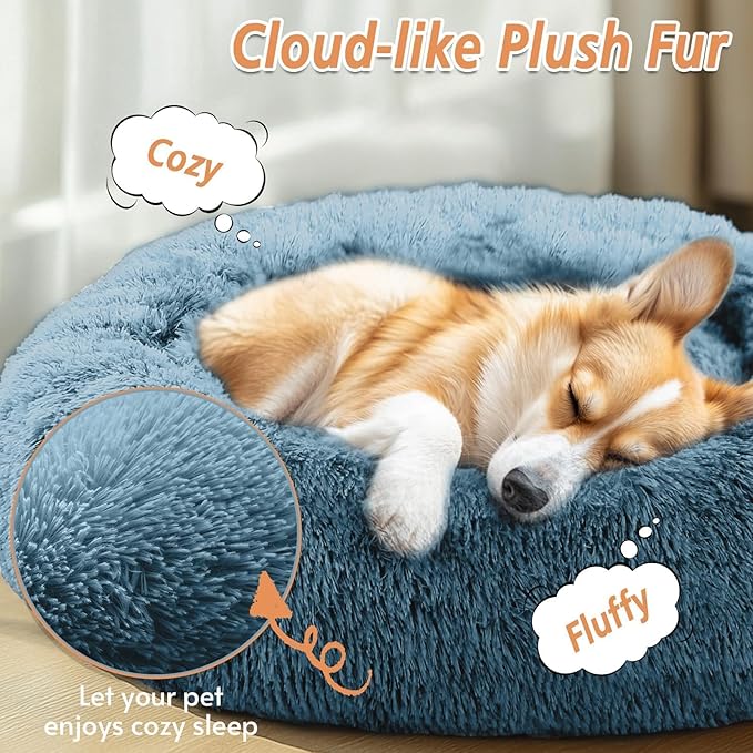 Calming Donut Dog Bed — Large 36", Anti-Anxiety Faux Fur, Washable (Blue)