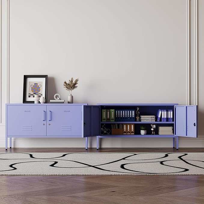 Purple Metal Storage Cabinet with Lock, 2-Door Wide Organizer, Adjustable Shelves, Multifunctional TV Stand & Entertainment Center for Bedroom, Living Room, 24" H x 39.4" W x 15" D