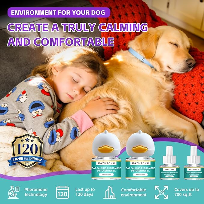 Dog Calming Pheromones Diffuser, 6 in 1 Kit Appeasing Pheromone Diffuser to Calm Dogs, with 2 Plug in Diffuser+4 Refill 48ml, Reduce Aggression Fighting Scratching Barking Stress, 120 Days Supply
