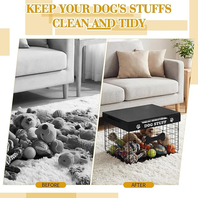 Dog Toy Bin Basket with Lid, 15.4'' Large Metal Dog Toy Storage Box with Bone Handle, Organizer Chew for Living Room, Farmhouse Food Storage Organizer for Leash Chew Blankets Clothes(Black)