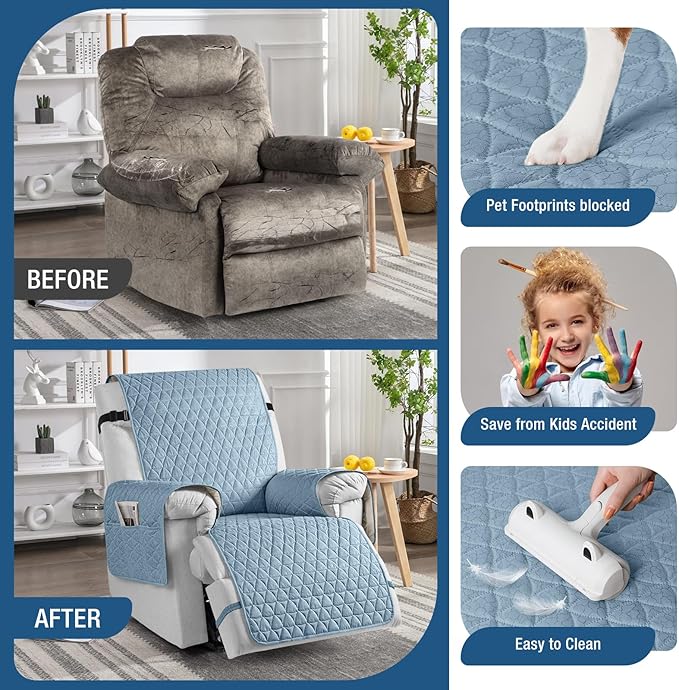 TAOCOCO 100% Waterproof Recliner Cover - Recliner Cover with Non-Slip Granule, Recliner Chair Covers with Elastic Band, Recliner Chair Covers for Reclining Chair (Light Blue,Small-22'')