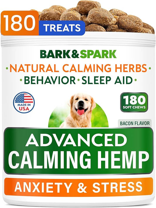 BARK&SPARK Advanced Calming Hemp Treats for Dogs - Hemp Oil + Melatonin - Anxiety Relief - Separation Aid - Stress Relief During Fireworks, Storms, Thunder - Aggressive Behavior, Barking - 180 Chews