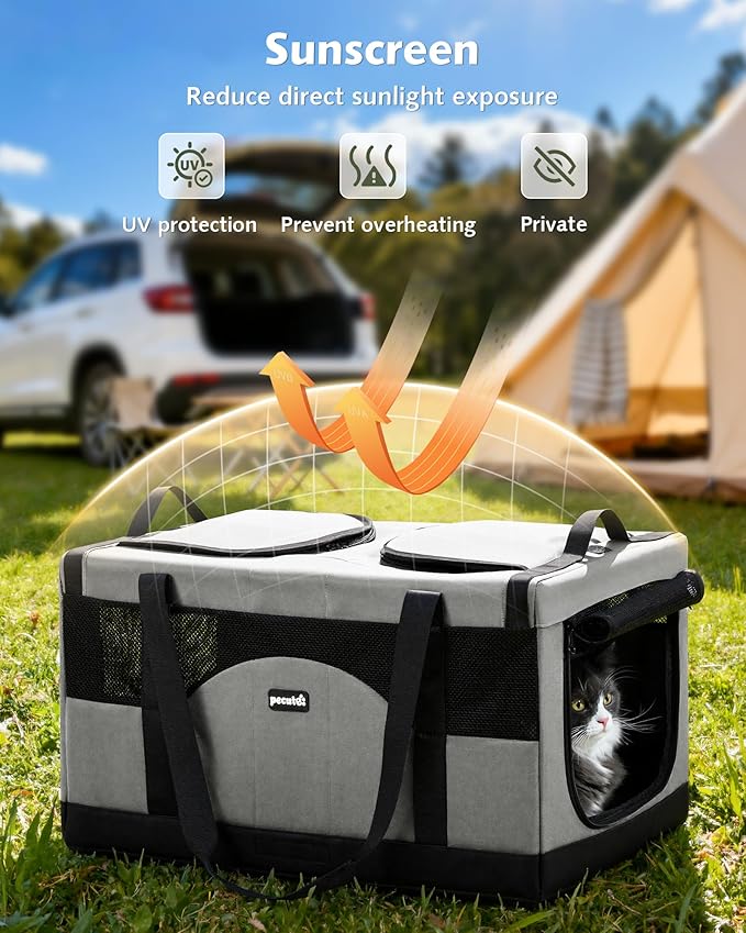 Pecute Cat Carrier for 2 Cats,Dual Cabin Multi Cat Travel Carrier with Removable Divider and Sturdy Frame,Collapsible,Soft,can Hold 20lbs+ for 2 Small Kitten,Medium Dog,Extra Large for Travel,Gray
