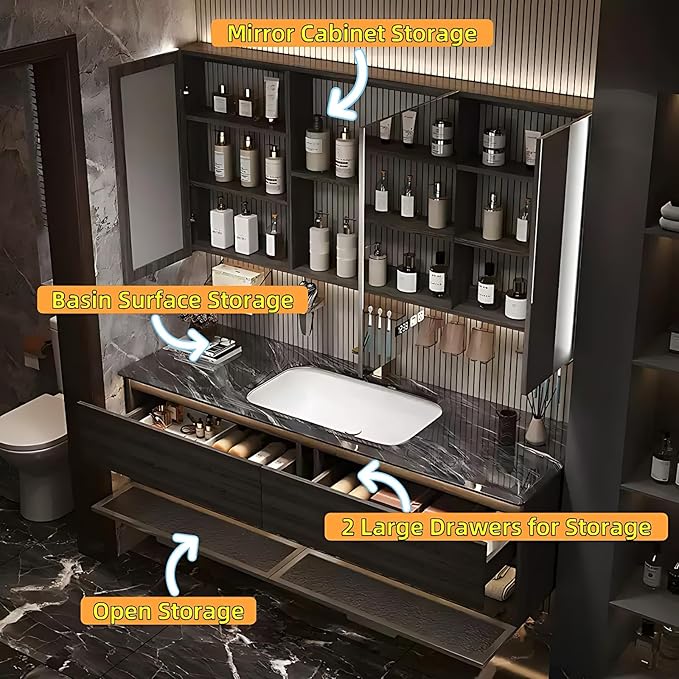40in Luxury Bathroom Vanities - Bathroom Vanity with Sink, Wall-Mounted Storage with 2 Large Side Cabinets Intelligent Defogging & Led Lights | Multi-Layer Solid Wood