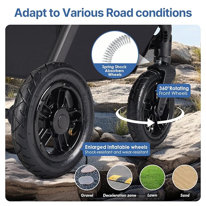 X-5 Luxury Pet Stroller for Medium Dog Under 55lbs or 2 Small Dogs & Cats, One-Touch Folding, Adjustable Handle and Detachable Carrier (Inflatable-Wheels Black)