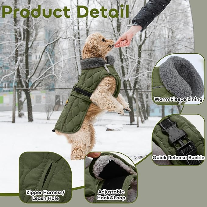 Dog Coats, Warm Puppy Apparel with Fleece Lining for Cold Weather, Windproof Medium Dog Winter Jacket, Reflective Dogs Snow Coat with Leash Hole and Adjustable Buckle, NewGreen M