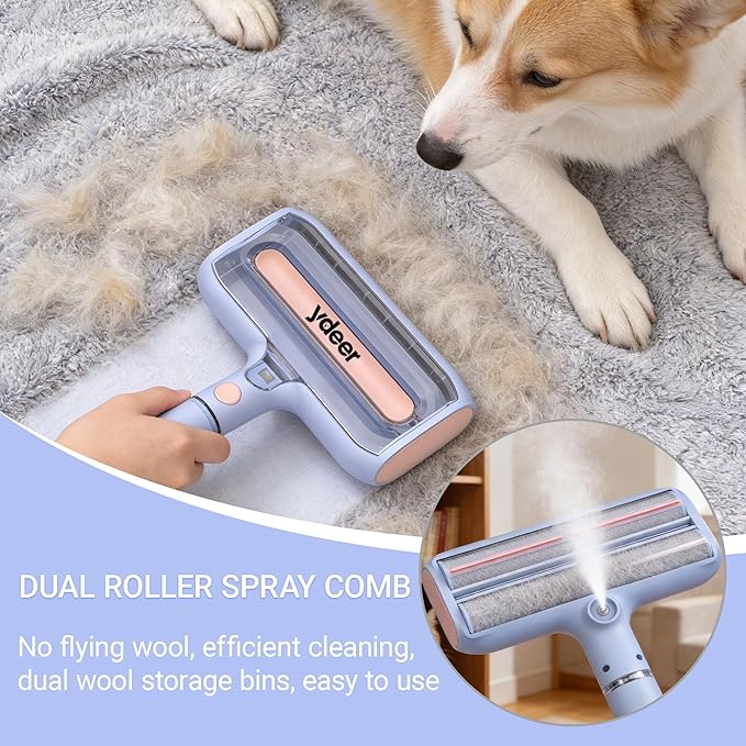 Pet Hair Remover,Pet Hair Removal Tool with Water Spray & Large Fur Bin, Dual Roller Reusable Lint Remover for Couch, Carpet, Clothes and Car Seats