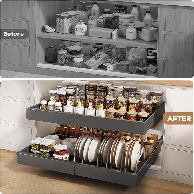 2 Pack Pull out Cabinet Organizer 21" Deep With Raising Pad for Framed Cabinets,Expandable (15.2"-26.3"W) Slide out Drawers for Kitchen Cabinets with 4pcs Divider Racks,Roll out Shelves,Black