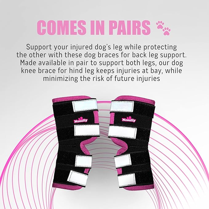 NeoAlly Dog Back Leg Braces [Long Version] Canine Hind Hock Sleeves with Safety Reflective Straps for Injury and Sprain Protection, Wound Healing and Loss of Stability from Arthritis (Pink XS Pair)