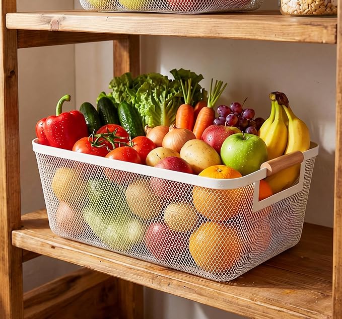 2-Pack Metal Mesh Basket, Large Wire Storage Organizer with Wood Handle for Kitchen Pantry, Bathroom, Cabinet, Closet, Picnic & Home Organization, Large, White
