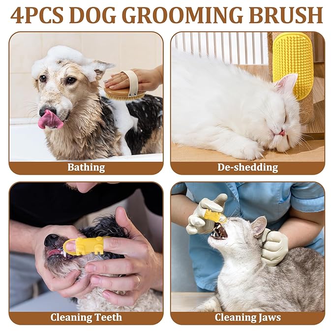Deshedding Dog Brush for Short Haired Dogs and Cats with Band，and 2 Pcs Silicone Grooming Brushes, ReReduces Shedding, Non-Slip Grip, Gentle Grooming